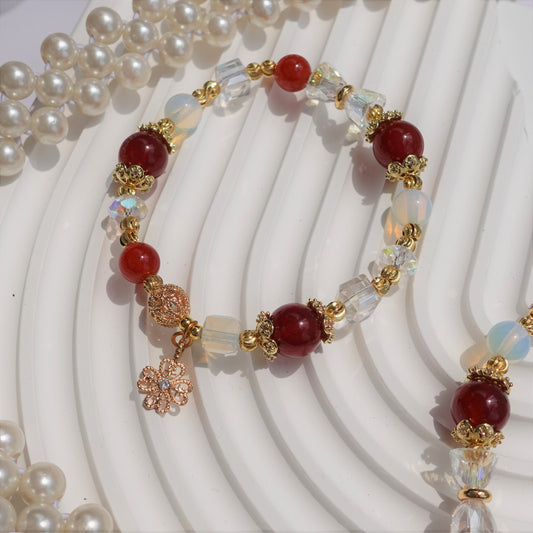 【花开锦绣】 红玛瑙+蛋白石水晶手链 [Splendid Blossom] Red Agate + Opal Crystal Bracelet