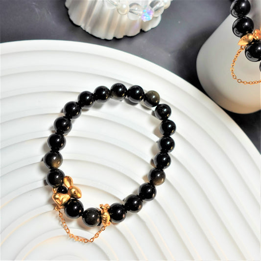 【银耀石与沙金兔子手链】Bunny & Silver Obsidian Crystal Bracelet